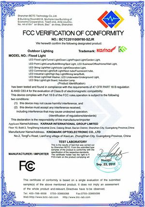 Mahsulot guvohnomasi,Ul sertifikati,LED kalıplanmış uchi nuri uchun FCC sertifikat hujjati 2,
IMAGE0003,
KARNAR INTERNATIONAL GROUP LTD