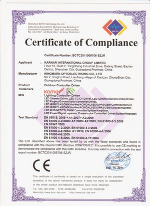 Mahsulot guvohnomasi,Ul sertifikati,LED yoritgichli yoritgich uchun ROSH sertifikat ng sert-ri 1,
c-EMC,
KARNAR INTERNATIONAL GROUP LTD