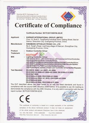 CE Certificate,GS Certificate,ROSH certificate certificate for LED pannel light 1,
c-EMC,
KARNAR INTERNATIONAL GROUP LTD