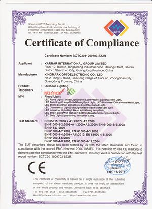 GS Certificate,Certificate ea UL,Letšoao la lengolo la ROSH la leseli la lebota la LED 4,
f-EMC,
KARNAR INTERNATIONAL GROUP LTD