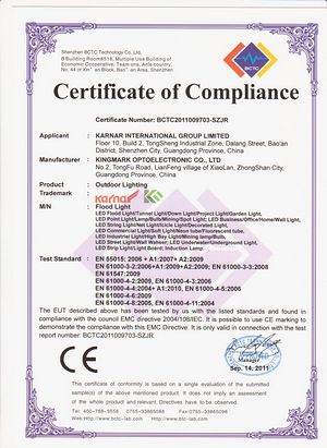 CE Certificate,GS Certificate,ROSH certificate certificate for LED cherry light 4,
f-EMC,
KARNAR INTERNATIONAL GROUP LTD