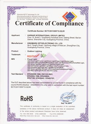 CE кат,ул кат,LED буюм башындагылар жарык FCC күбөлүк күбөлүк 1,
f-ROHS,
KARNAR INTERNATIONAL GROUP LTD